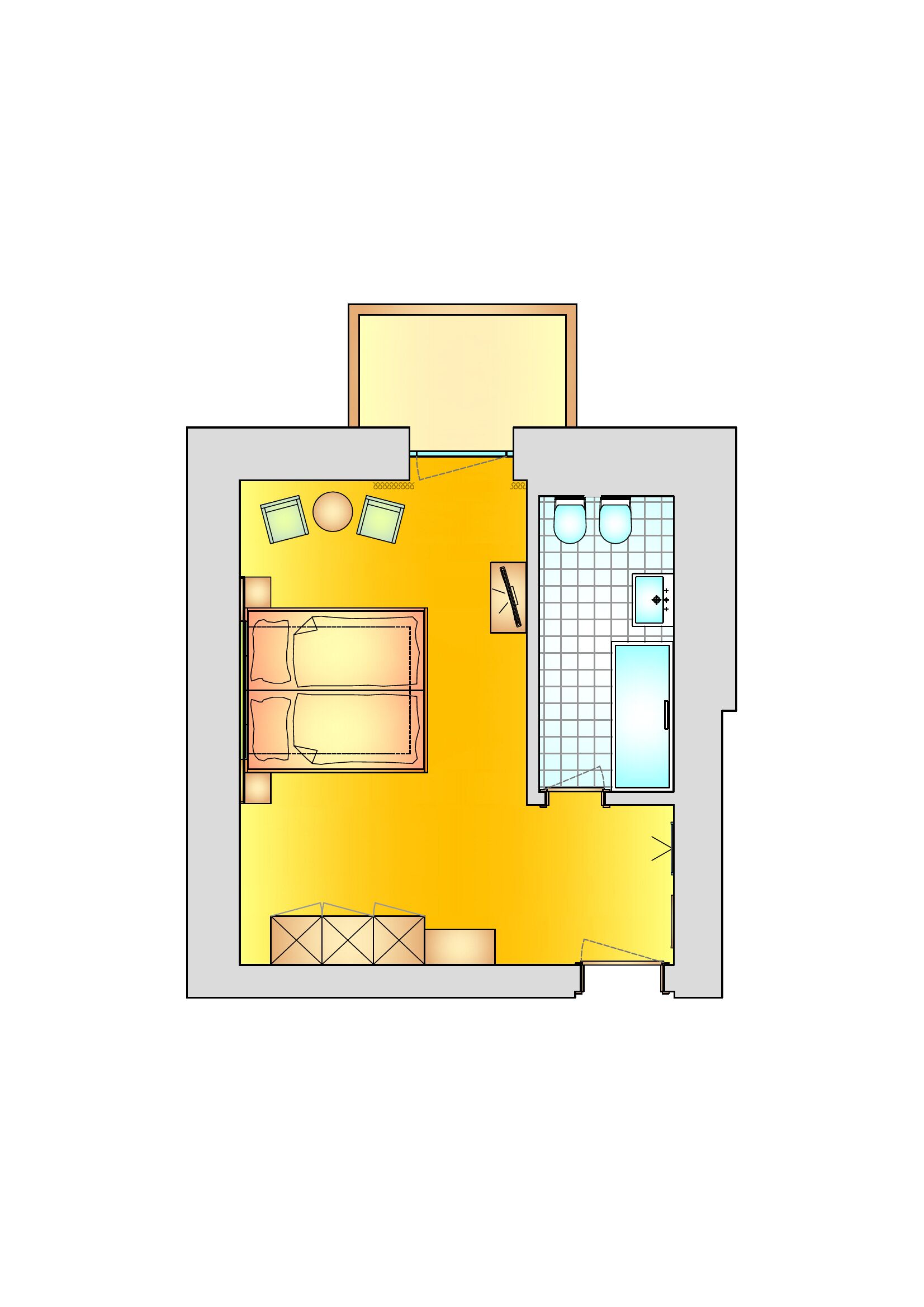 Plano de planta de una habitación de hotel con cama, escritorio, silla, mesita y baño.