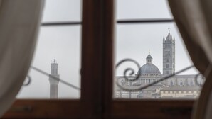 Uitzicht door een raam met metalen frame, waarop een historisch gebouw met een koepel en een hoge toren te zien is.