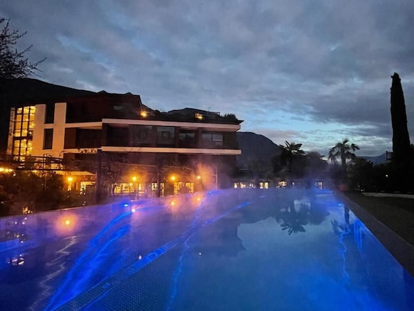Indoor pool, outdoor pool, open 7:00 AM to 7:30 PM, pool umbrellas