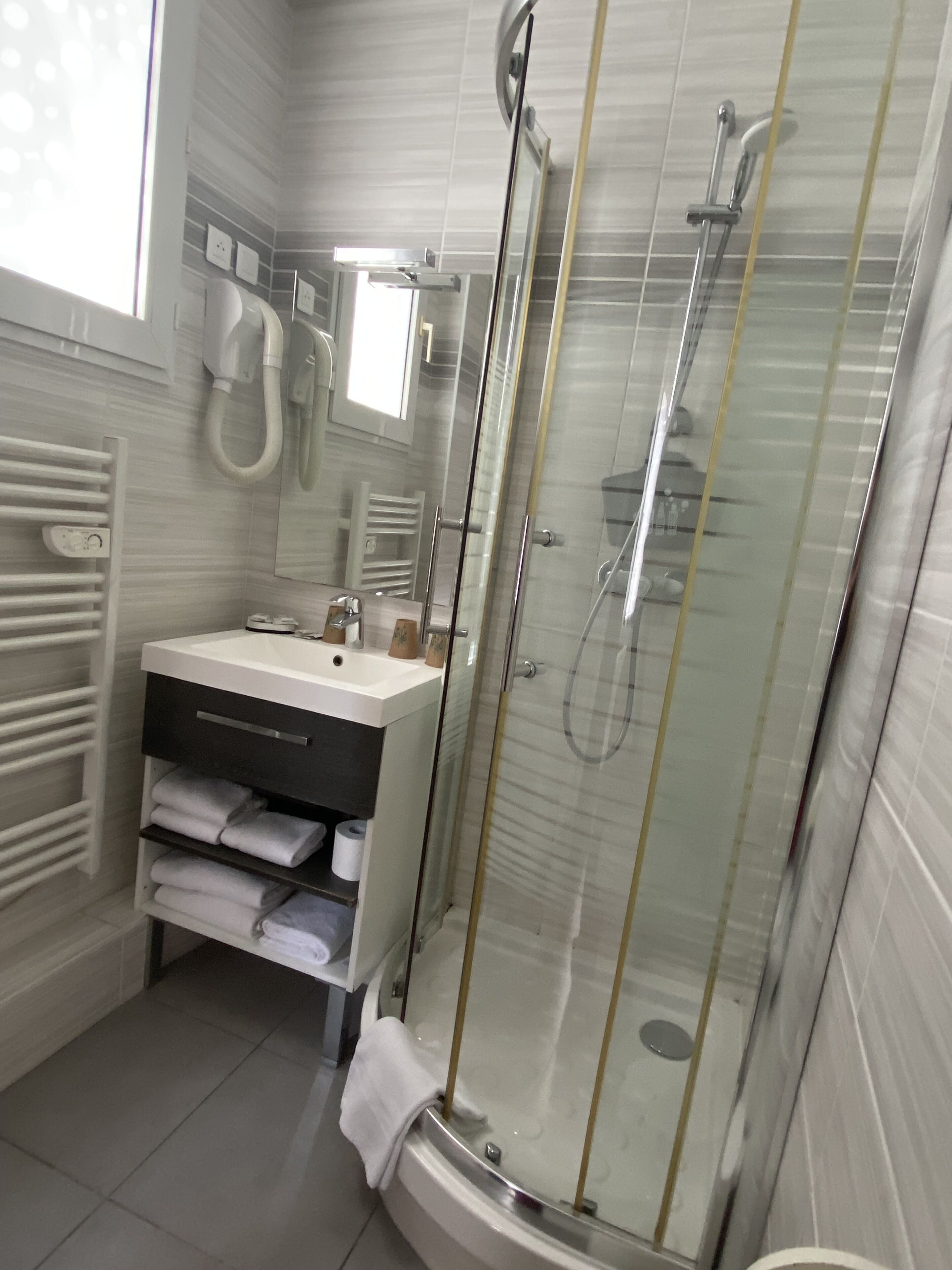 comfort triple room | bathroom | shower, hair dryer, towels, soap