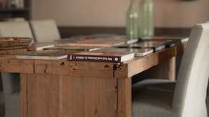 Una mesa de comedor con libros y una araña.