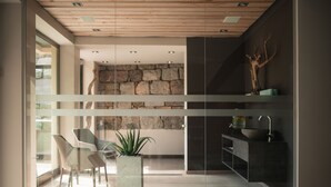 Una cocina moderna con una pared de piedra, un lavamanos y una planta.
