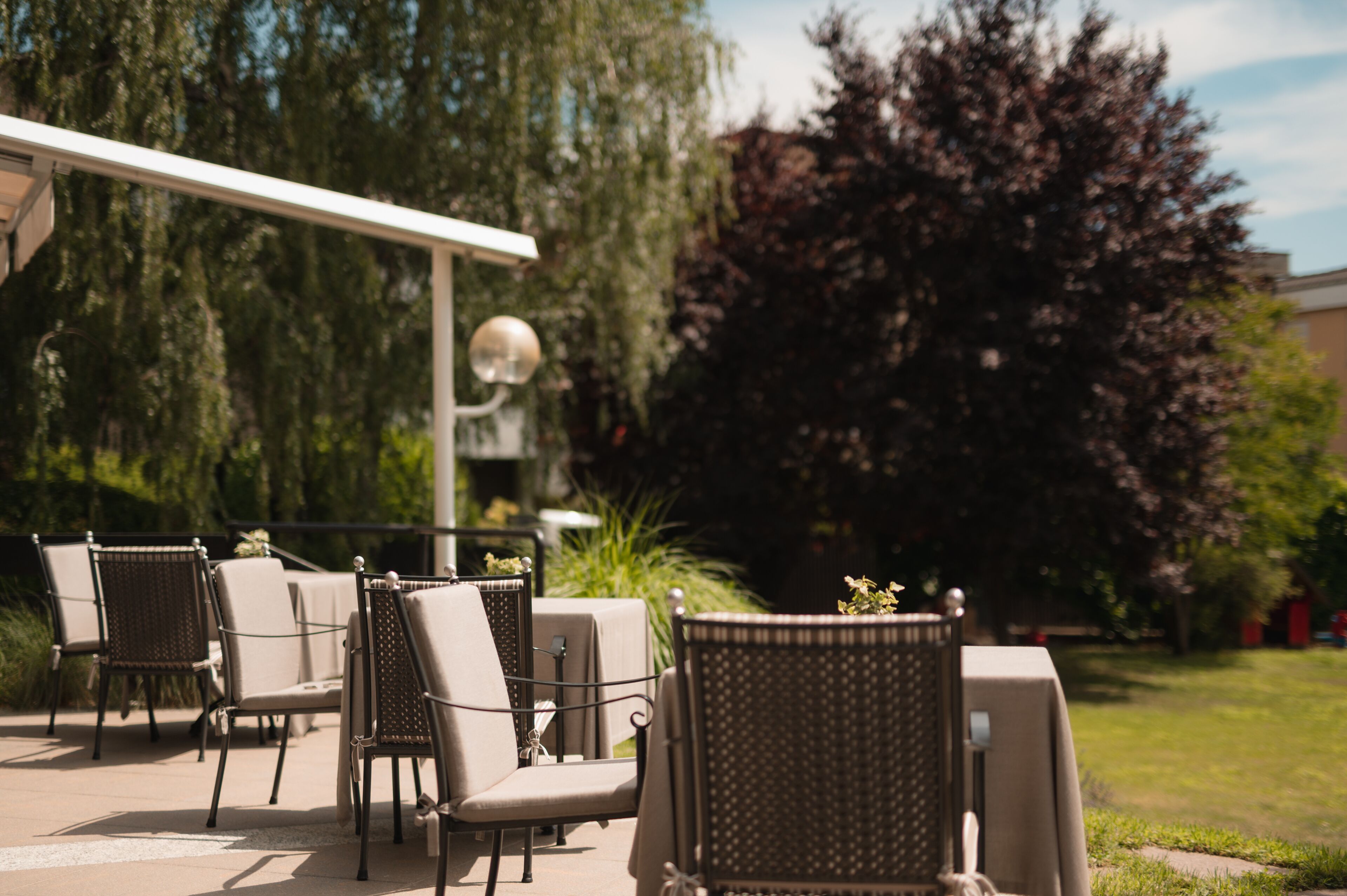 An outdoor seating area with wicker chairs and a table, surrounded by greenery and trees.