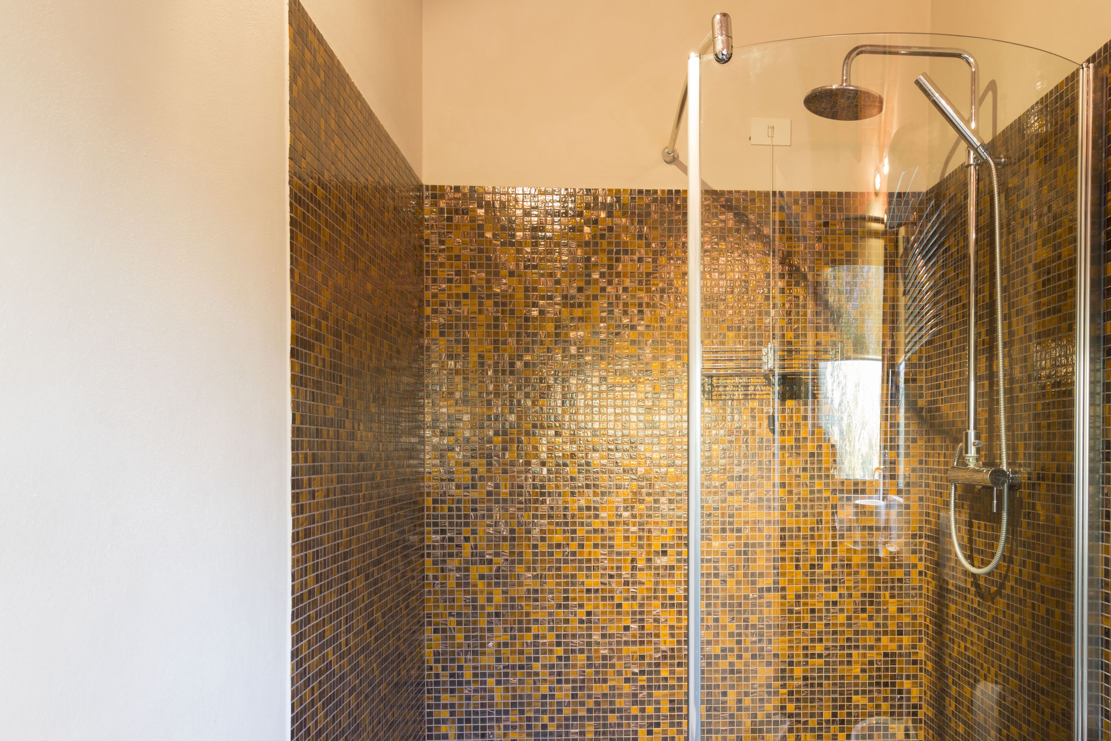 A glass-enclosed shower with a tiled mosaic wall.
