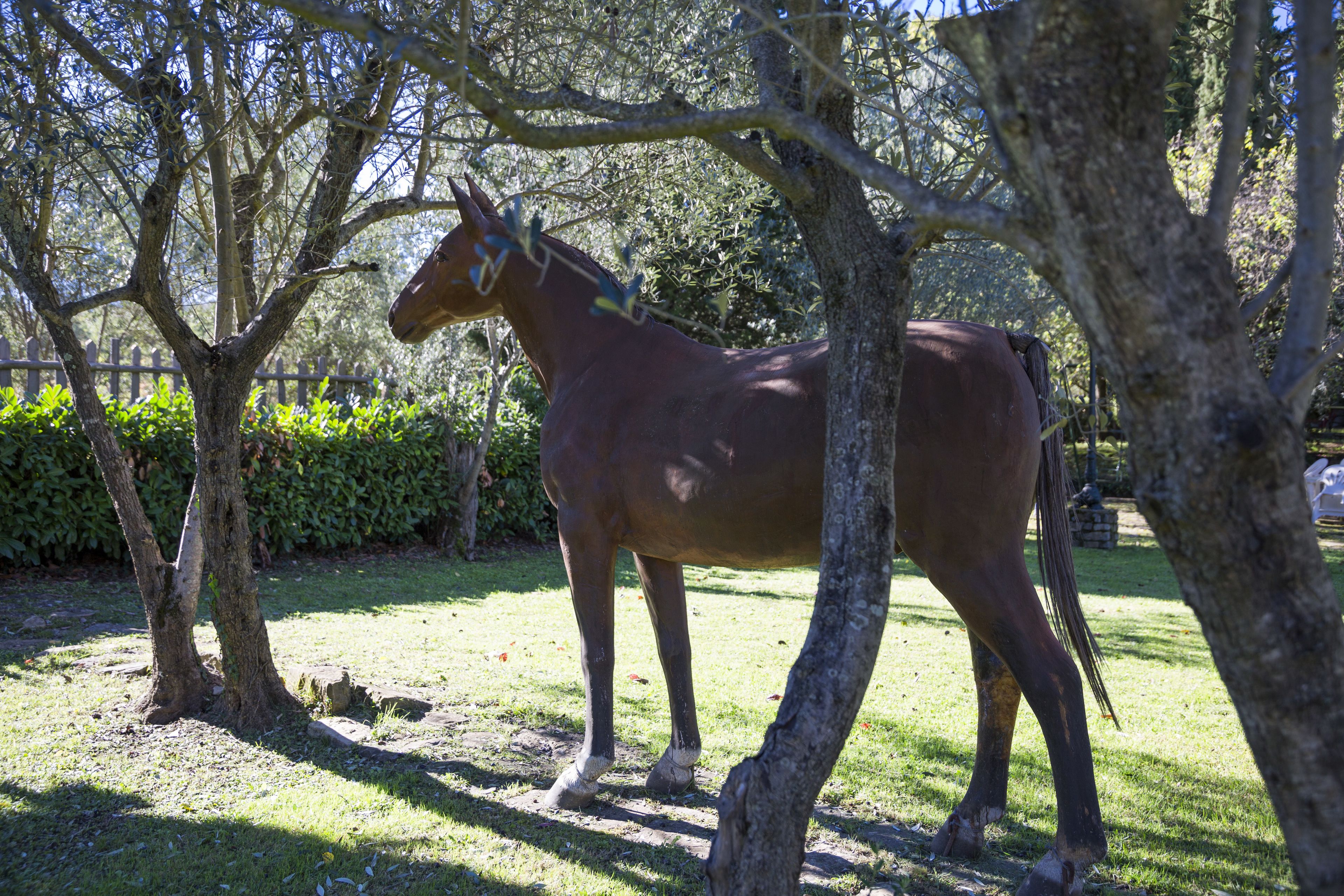 Une statue de cheval dans un parc, avec des arbres et une clôture en arrière-plan.