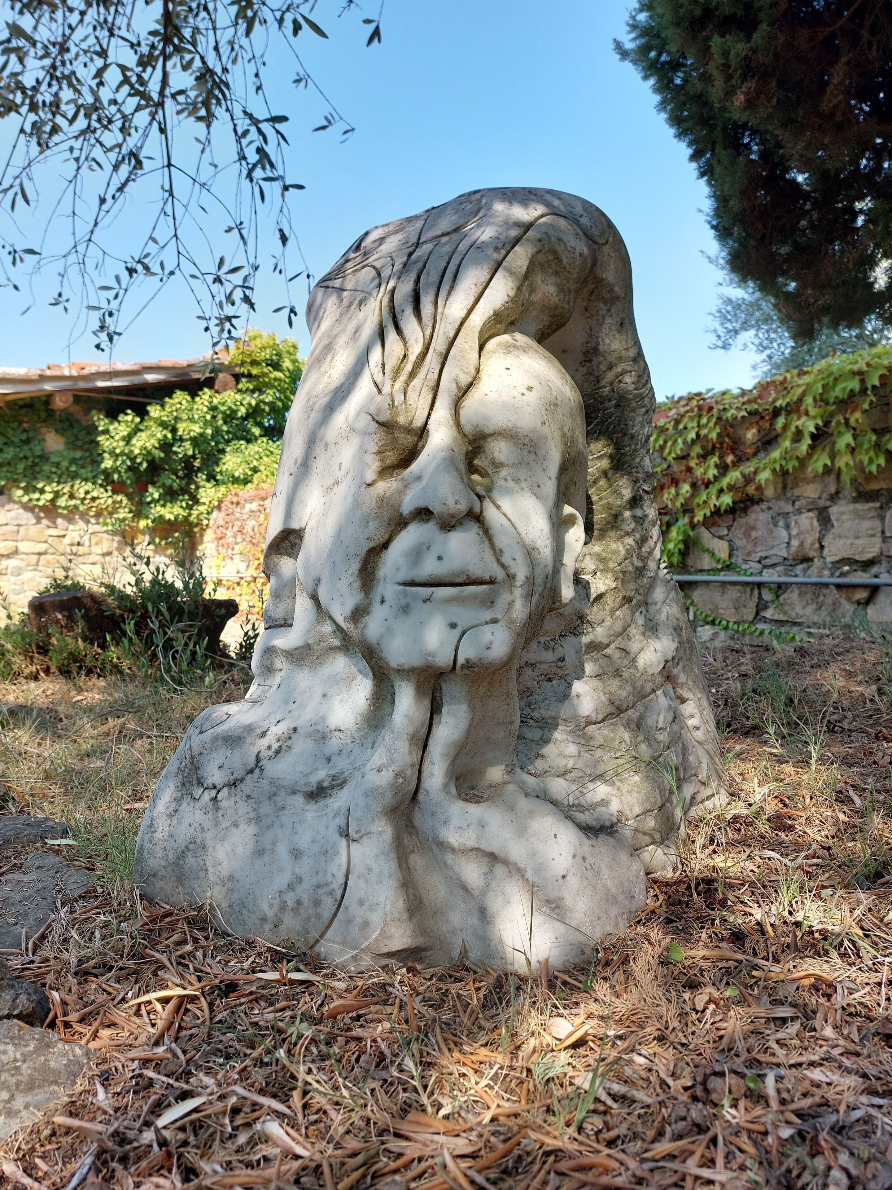 A stone sculpture of a human head with a beard, set in a garden with a stone wall and trees in the background.