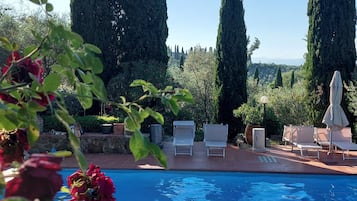 Seasonal outdoor pool, pool umbrellas