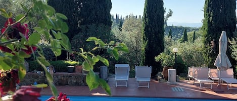 Una piscina al aire libre de temporada, sombrillas