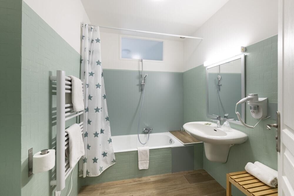 combined shower/bathtub, free toiletries, hair dryer, towels