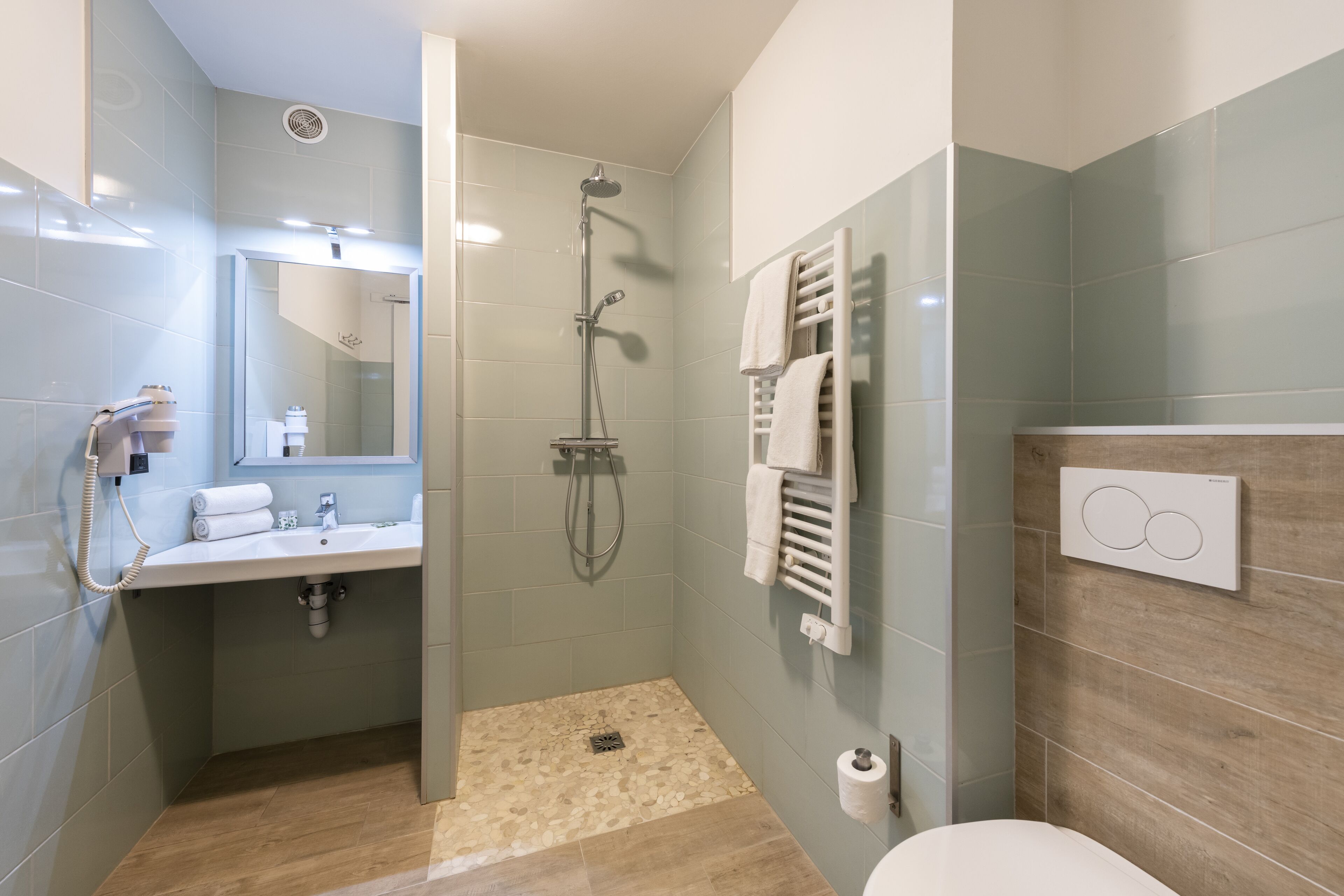 combined shower/bathtub, free toiletries, hair dryer, towels