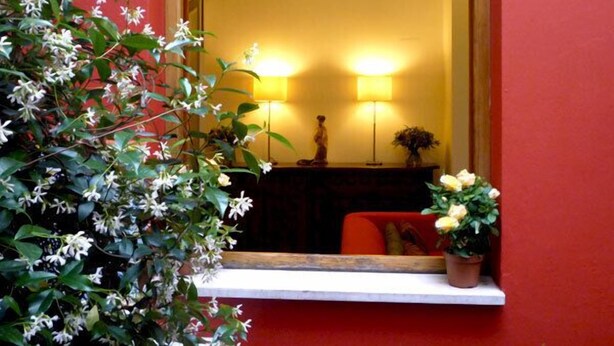 Une pièce avec un mur rouge, une fenêtre à cadre blanc, une plante en pot aux fleurs jaunes et un lustre.