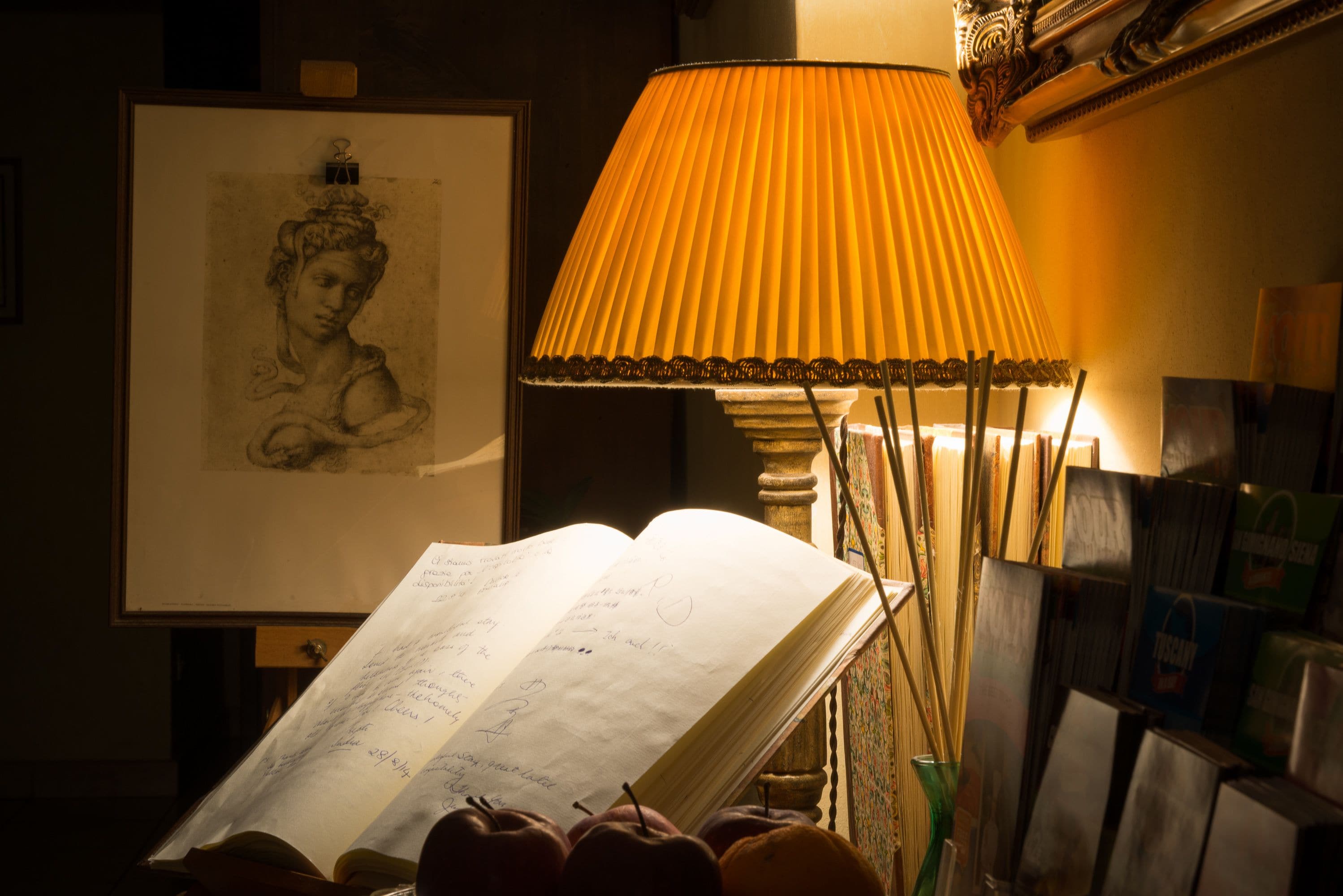An open book with handwritten notes, a lamp, and a framed drawing on the wall.