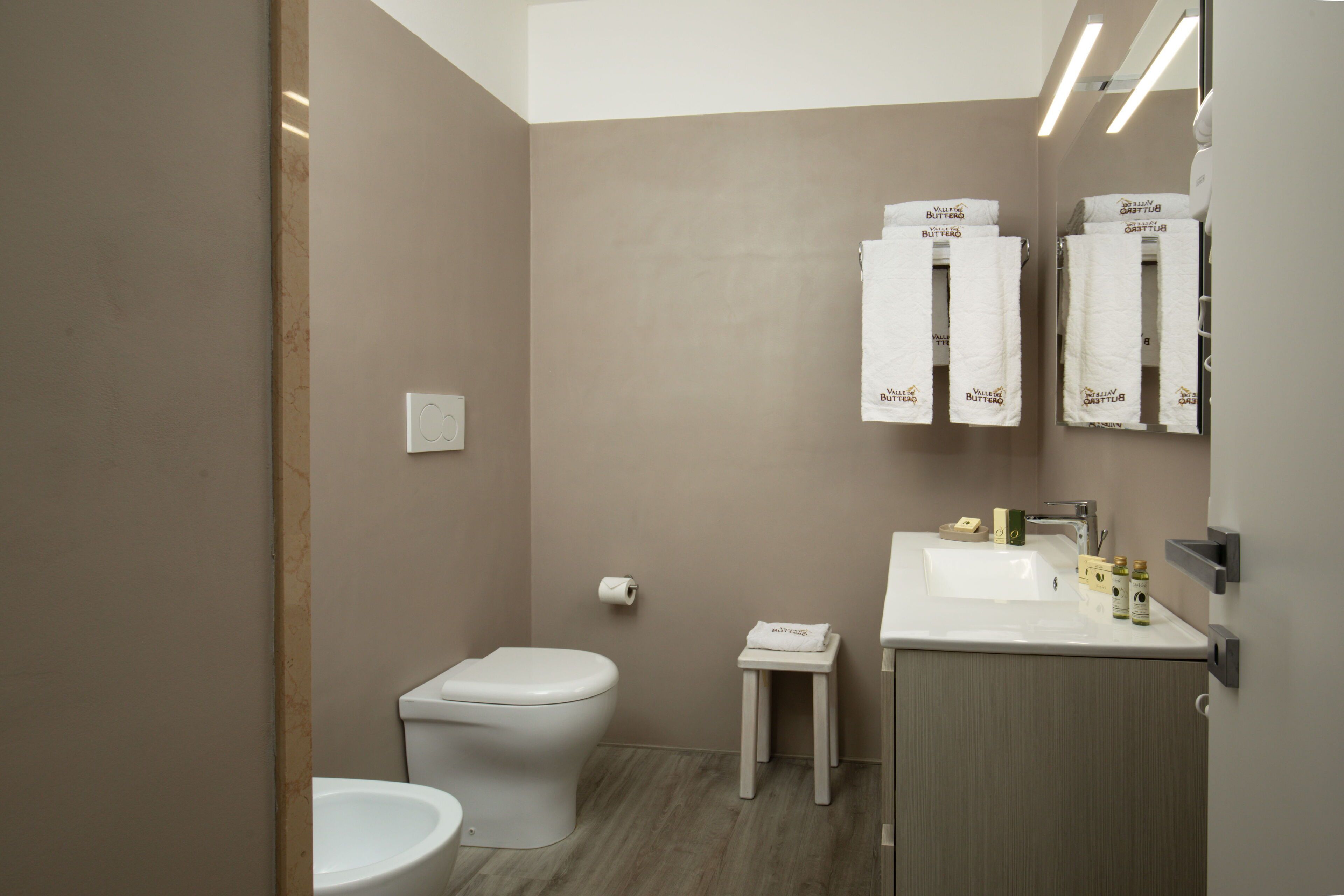 A modern bathroom with a toilet, sink, and towel racks.