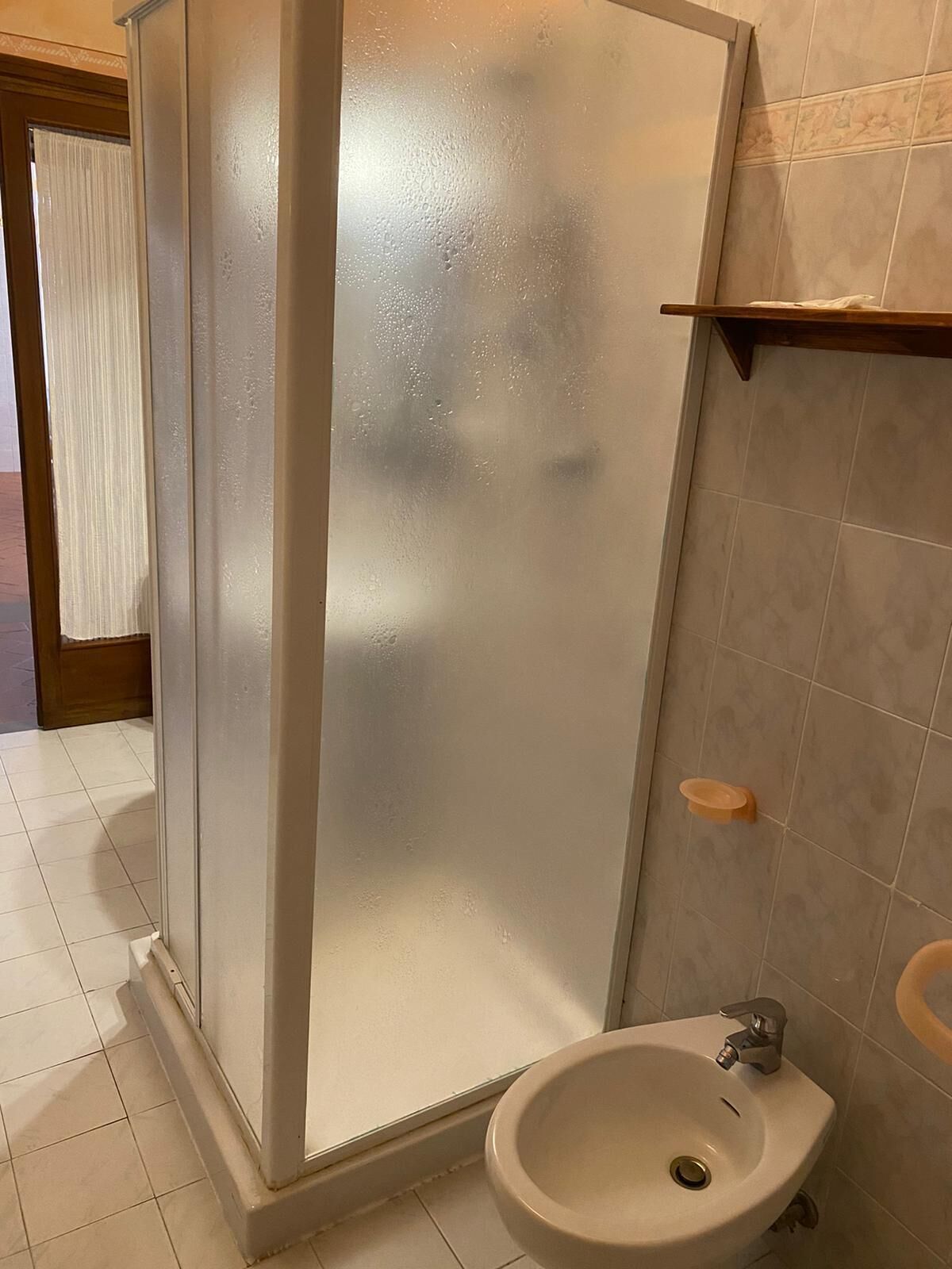 A bathroom with a glass shower enclosure, a white sink, and a small shelf.