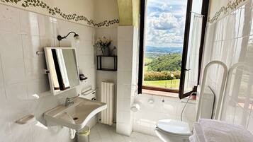 Shower, free toiletries, bidet, towels