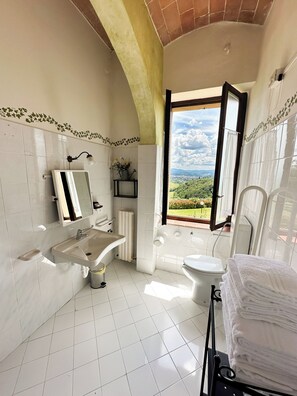 Shower, free toiletries, bidet, towels