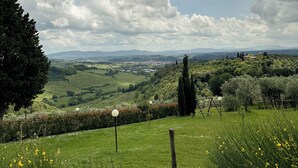 Un paysage verdoyant et luxuriant, avec des collines douces, un ciel dégagé et des montagnes à l’horizon.