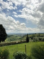 A lush green landscape with rolling hills, a clear sky, and distant mountains.