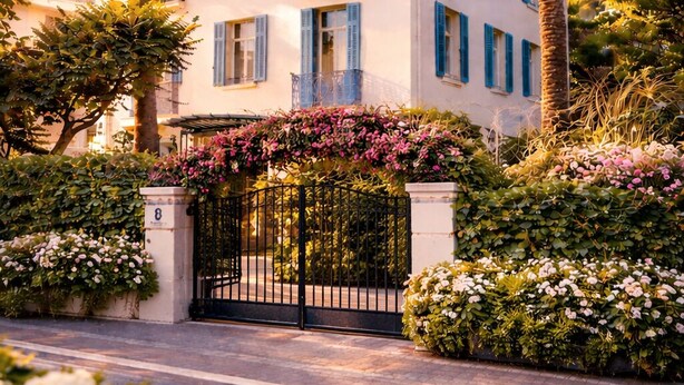 A multi-story hotel with a white facade, blue shutters, and balconies with flower boxes. - Hôtel Cecil (Antibes)