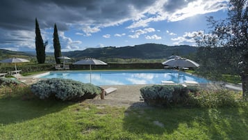 Seasonal outdoor pool, open 9:00 AM to 8:00 PM, pool umbrellas