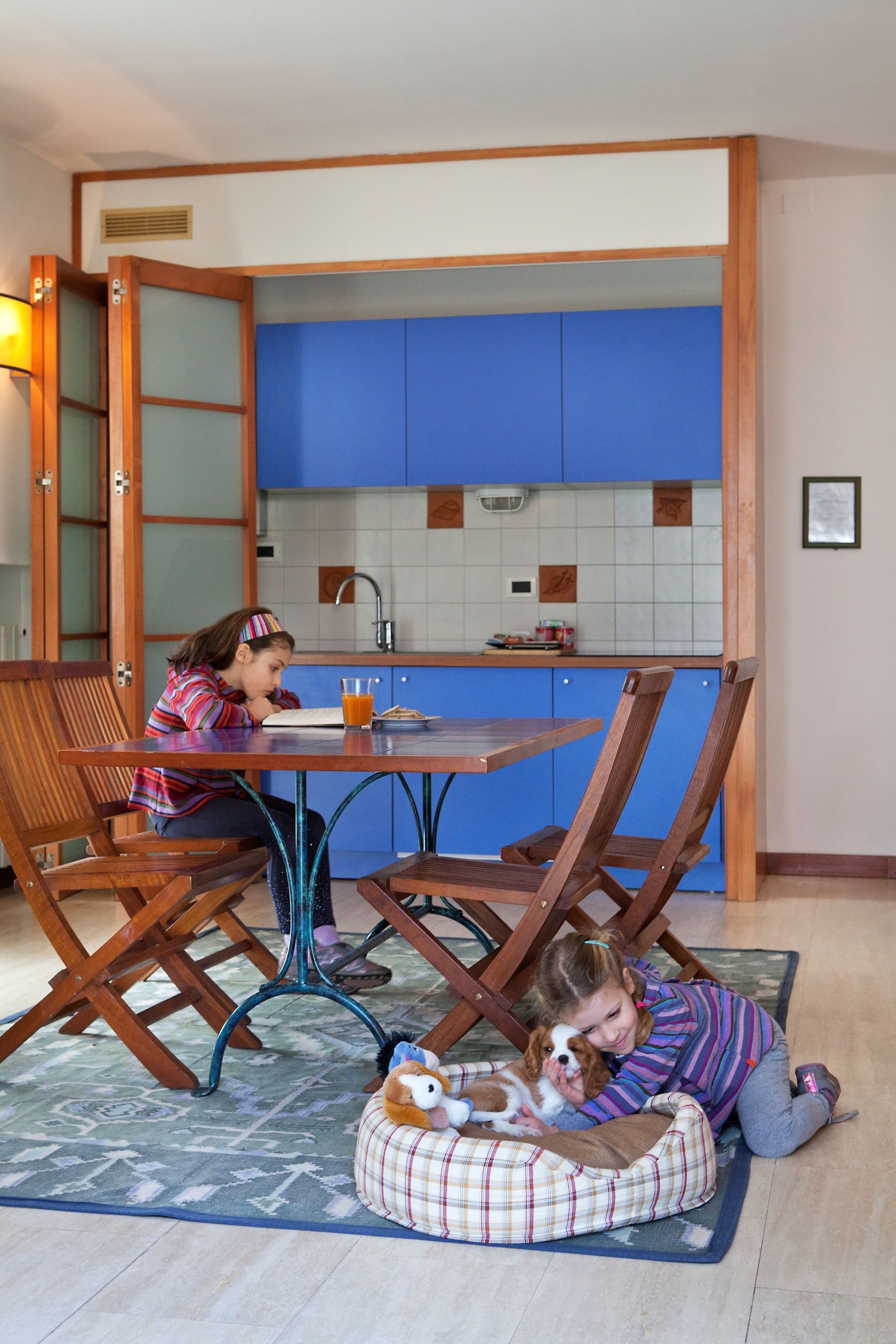 A dining area with a wooden table and chairs, a kitchen in the background, and a pet bed with a dog on the floor.