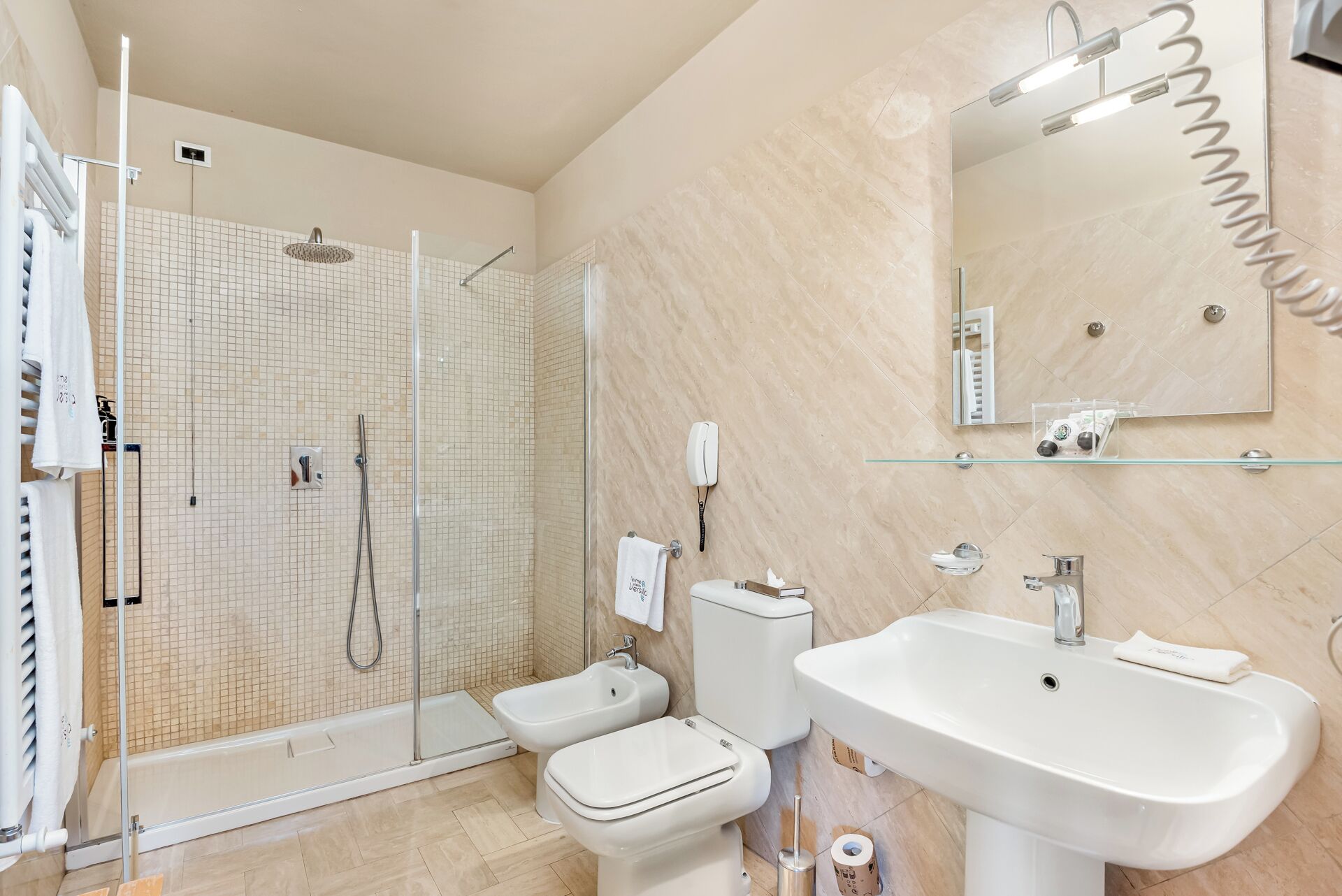 A modern bathroom with a glass-enclosed shower, a toilet, a sink, and a mirror.