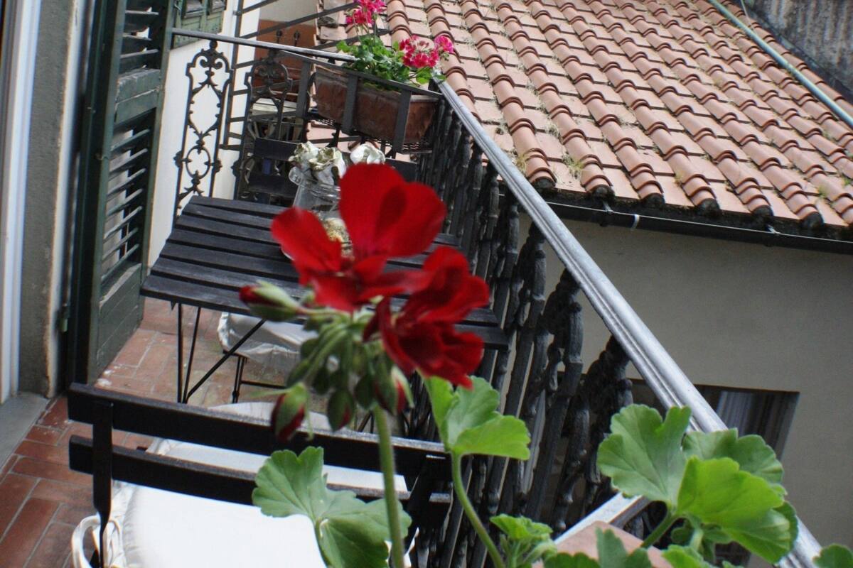 Un balcon doté d’un toit en tuiles, d’une rambarde en métal et de plantes en pot.