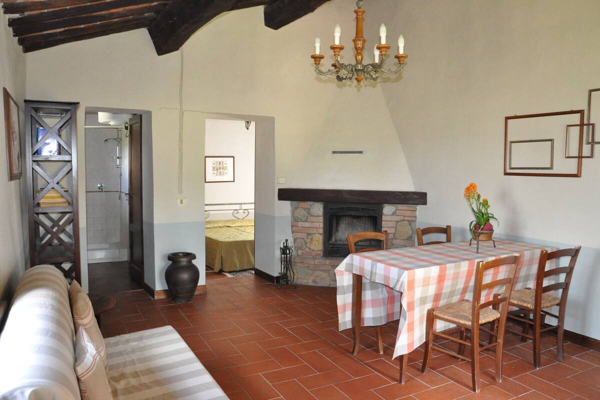 Un salon chaleureux avec une cheminée, une table à manger avec des chaises, un canapé et un lustre.