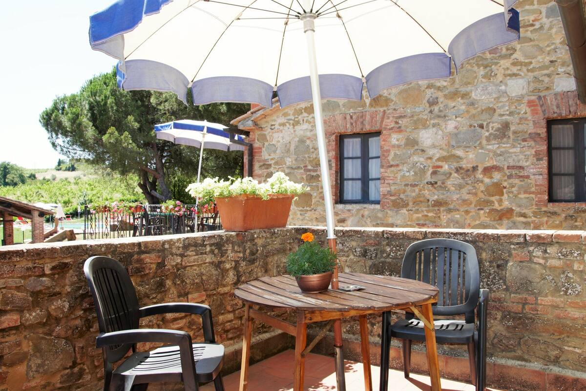 Une terrasse extérieure avec une table et des chaises, une plante en pot et un mur en pierre.