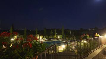 Vista nocturna de una piscina con valla, rodeada de plantas y flores en macetas.