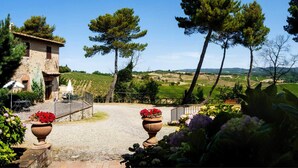 A rustic stone building with a gravel path leading to a vineyard view. - Il Poderaccio (Siena)