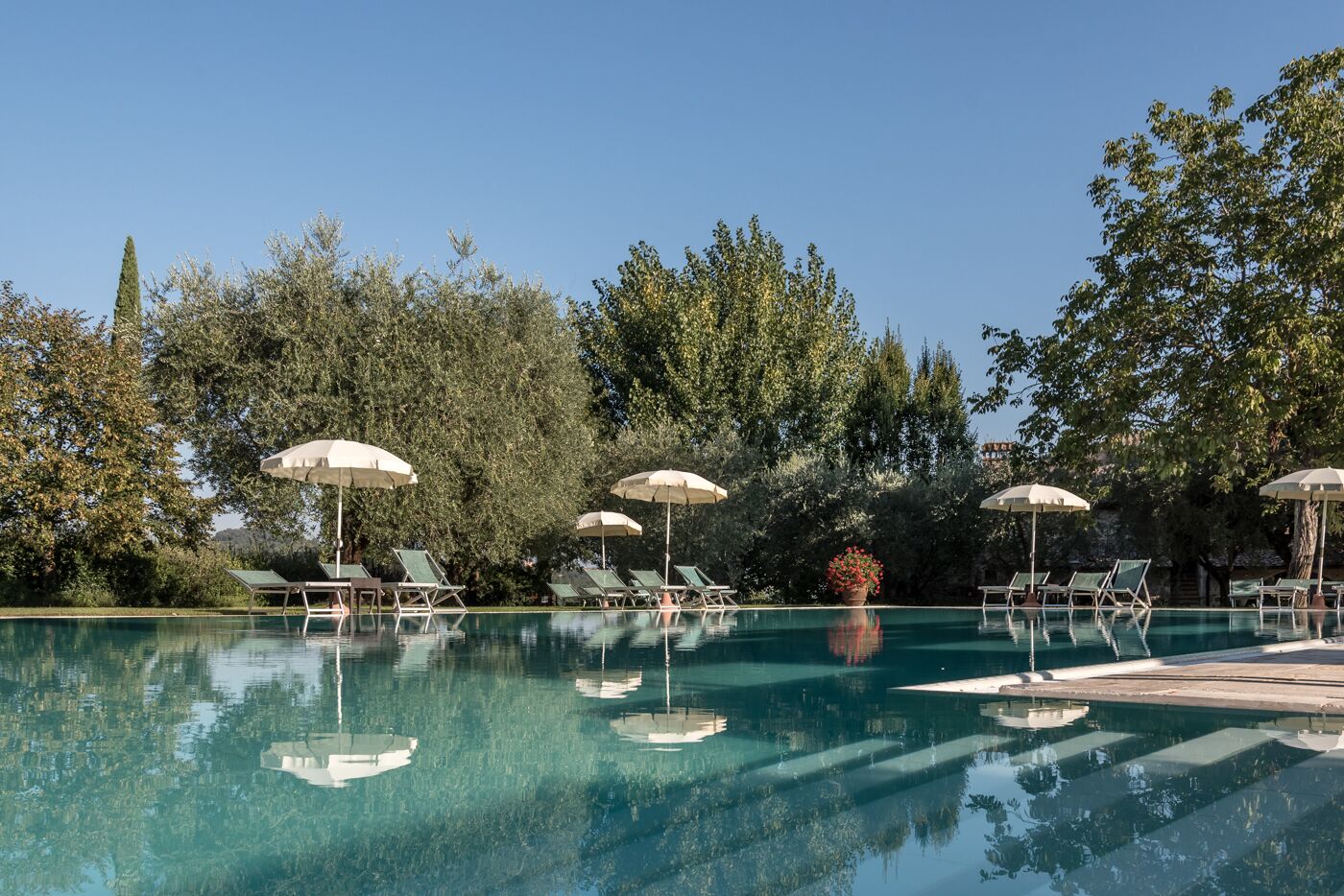 Ein klares Schwimmbecken mit Liegestühlen und Sonnenschirmen, umgeben von Bäumen.