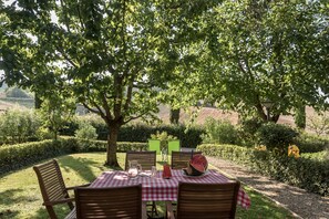A table set outdoors with a checkered tablecloth, surrounded by chairs, under a large tree. - Borgo al Cerro (Casole d'Elsa)