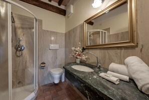 A bathroom with a shower, toilet, sink, and a large mirror. - Borgo al Cerro (Casole d'Elsa)