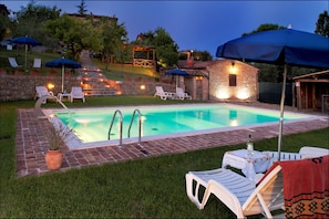Outdoor pool, pool umbrellas, pool loungers