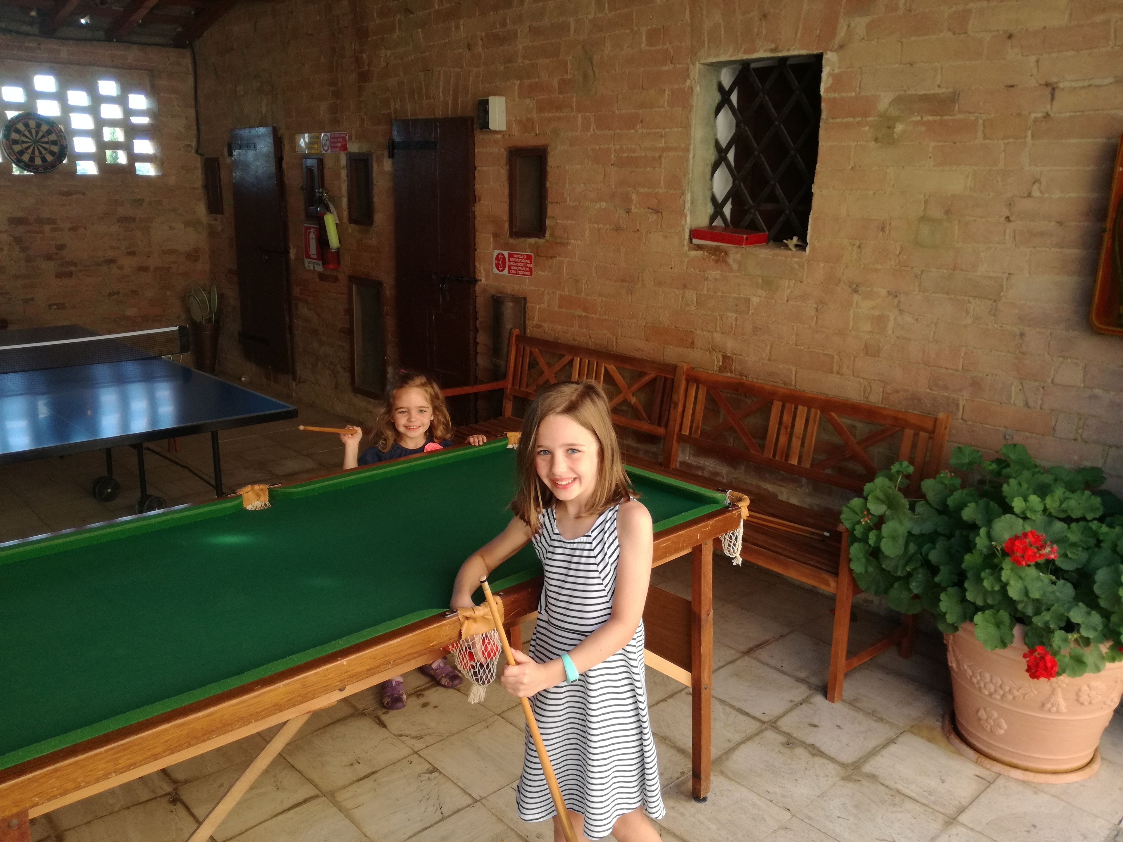 Una mesa de billar en una habitación con paredes de ladrillo, un dardo y un ventanal con barrotes.