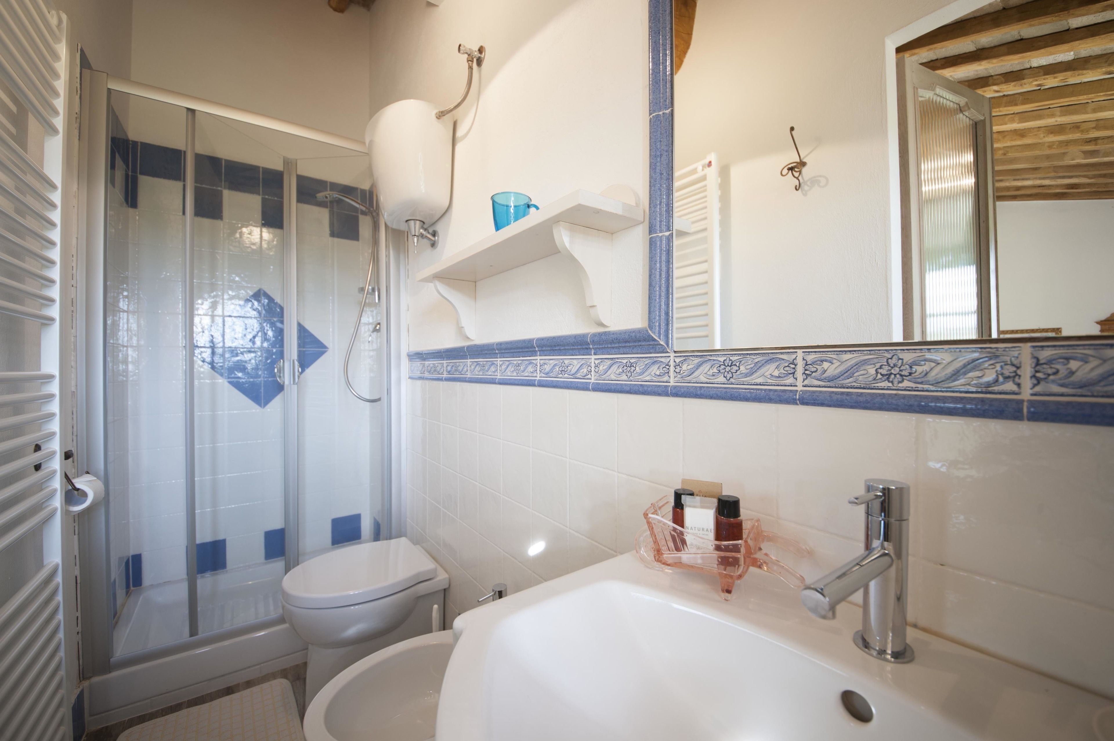 Een badkamer met douche, toilet, wastafel en spiegel.