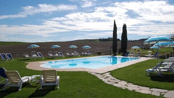 Seasonal outdoor pool, pool umbrellas, pool loungers