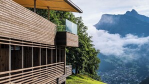 A modern wooden building with a balcony overlooking a mountainous landscape. -  Hotel Platz (Castelrotto)