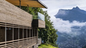 A modern wooden building with a balcony overlooking a mountainous landscape. -  Hotel Platz (Castelrotto)