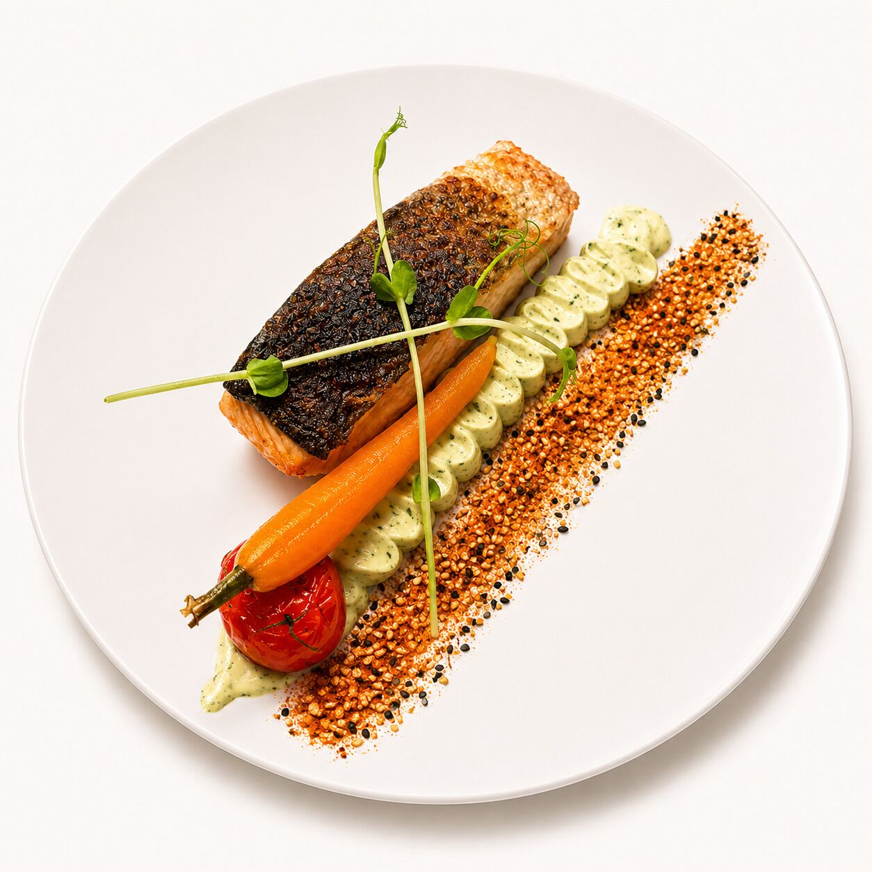 A plate with a piece of grilled fish, a carrot, a cherry tomato, and a creamy sauce.