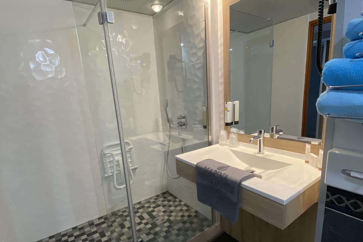 combined shower/bathtub, free toiletries, hair dryer, towels