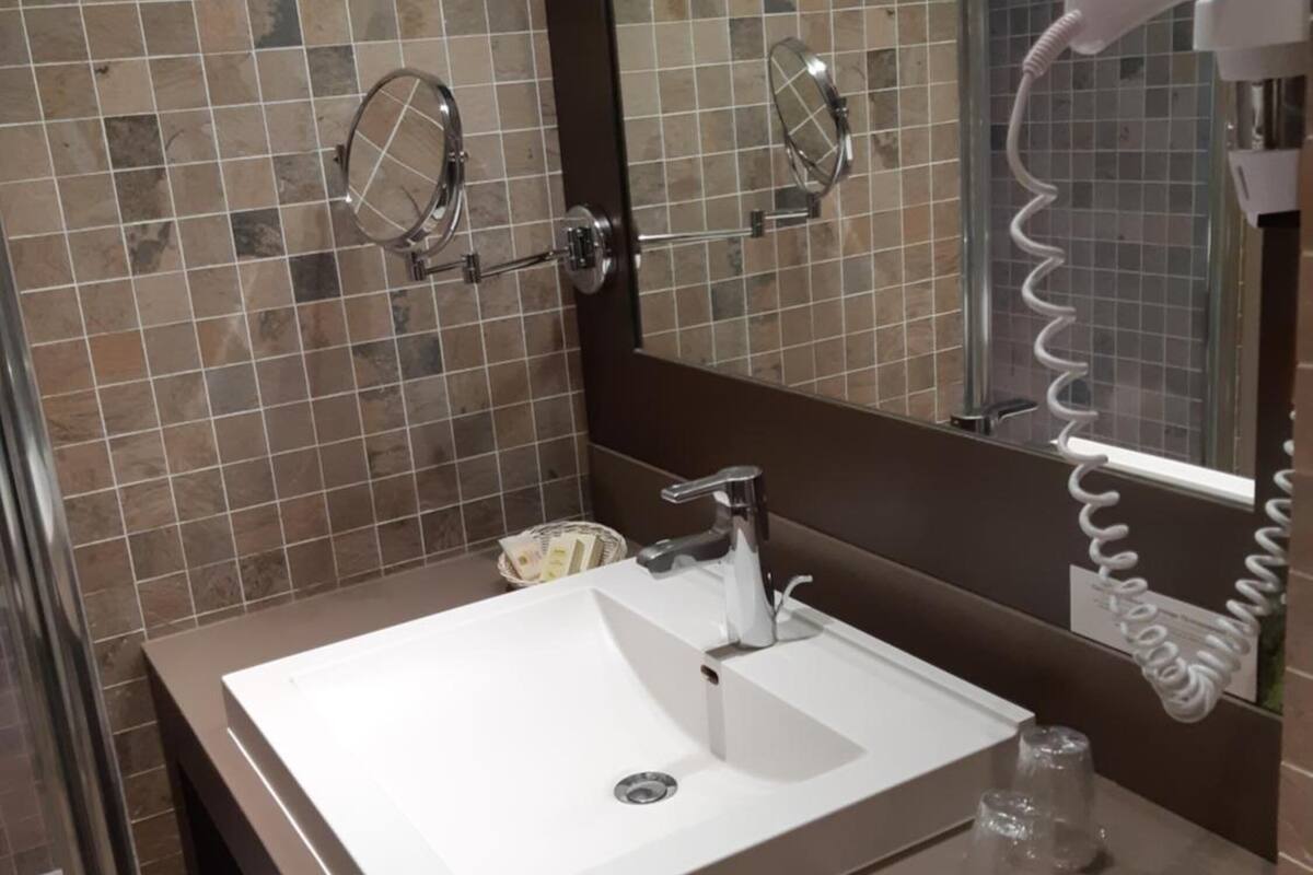 hair dryer, towels, soap, shampoo