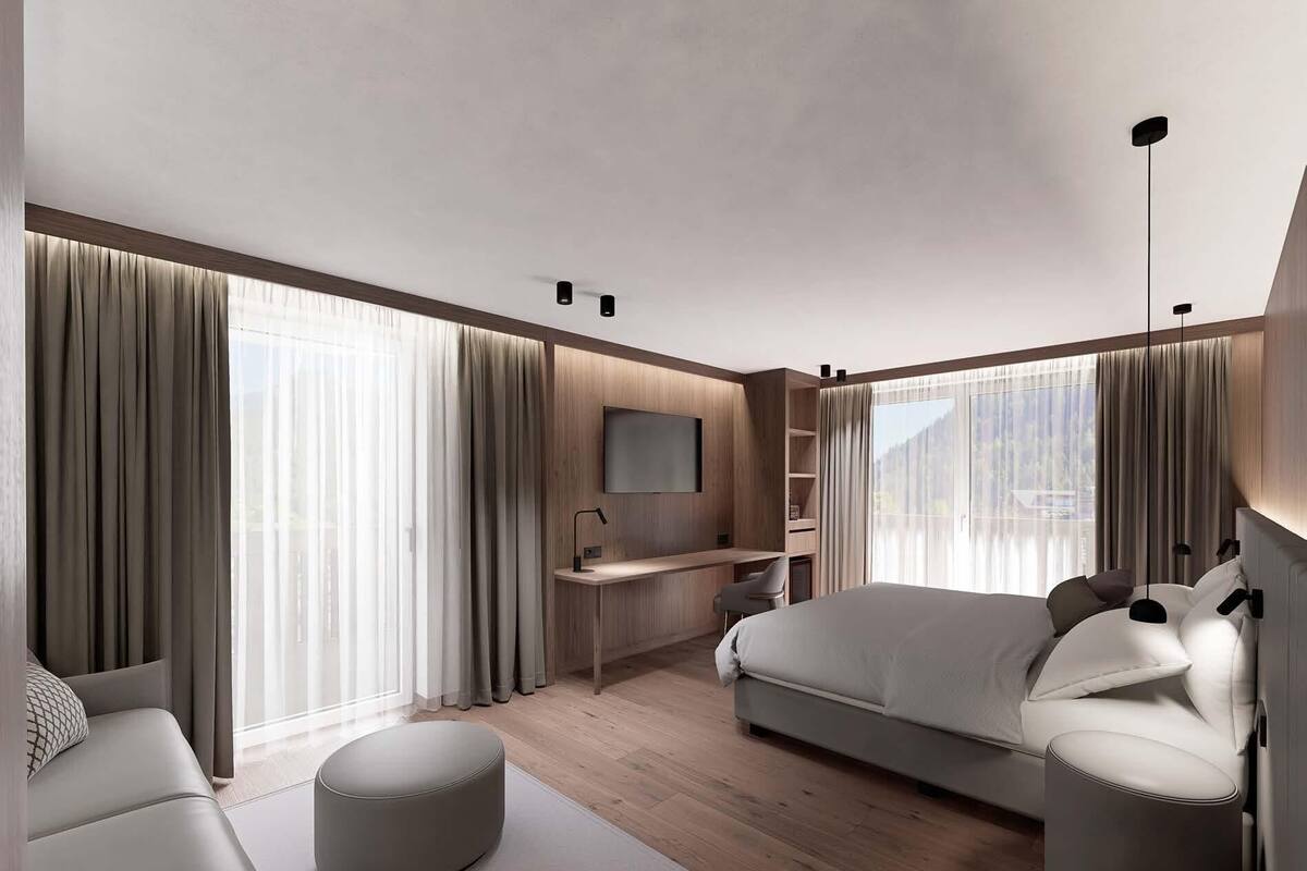 Deluxe suite, uitzicht op bergen | Een minibar, een kluis op de kamer, een bureau, een laptopwerkplek