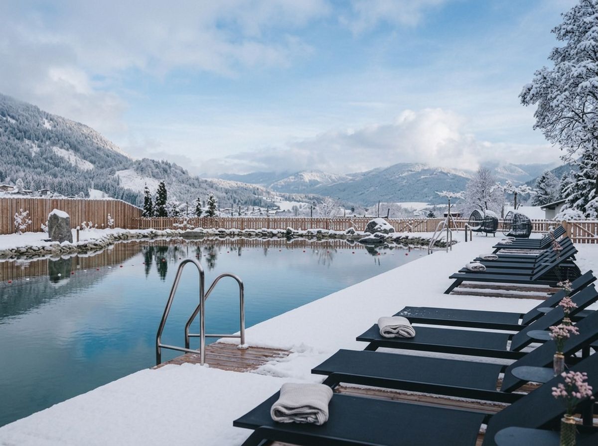 Zona de piscina exterior cubierta de nieve con sillones de descanso y una terraza de madera.