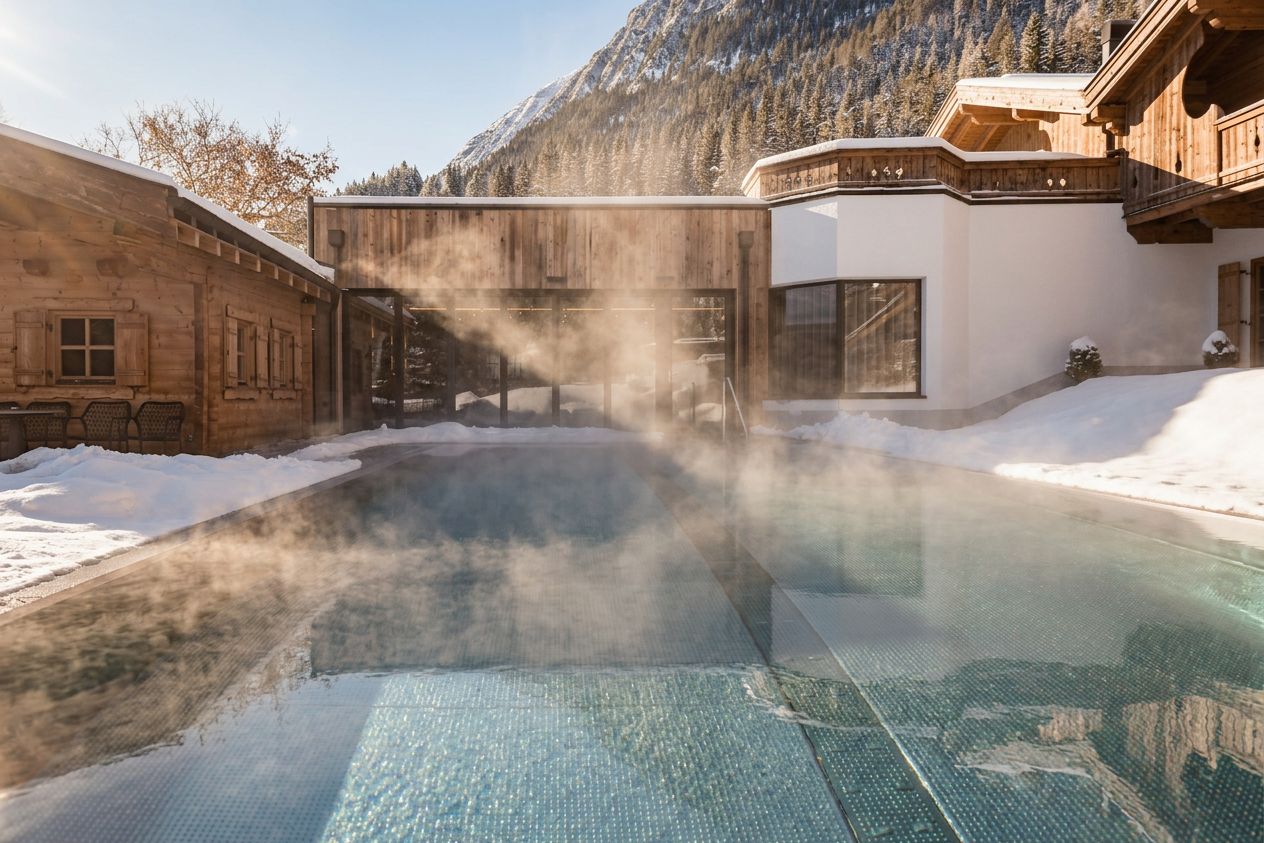 Un área de spa con un jacuzzi rodeado de construcciones de madera y suelo cubierto de nieve.