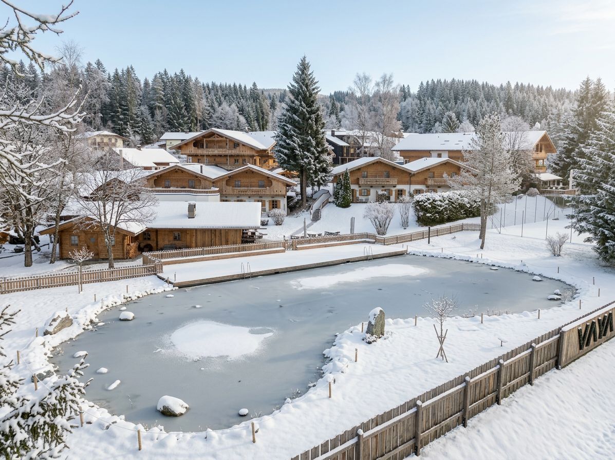 A snow-covered outdoor area with wooden buildings, a frozen pond, and a wooden fence.