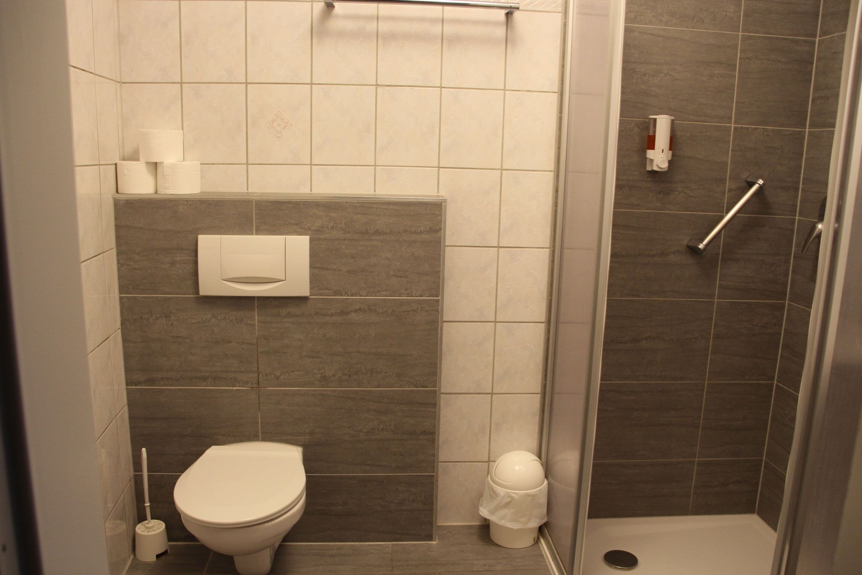 Un baño moderno con inodoro, ducha y un dispensador de papel higiénico.