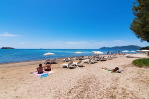 Private beach nearby, sun loungers, beach umbrellas, beach bar