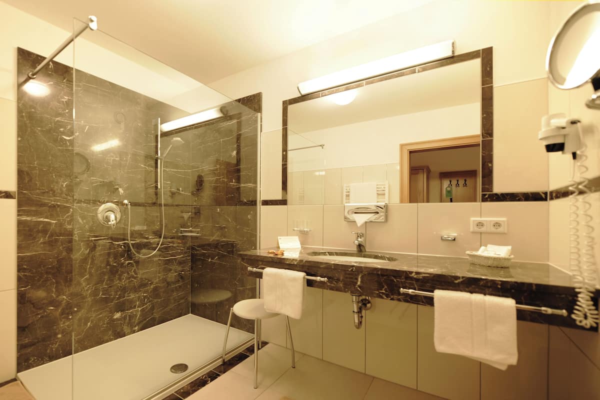 combined shower/bathtub, free toiletries, hair dryer, bathrobes